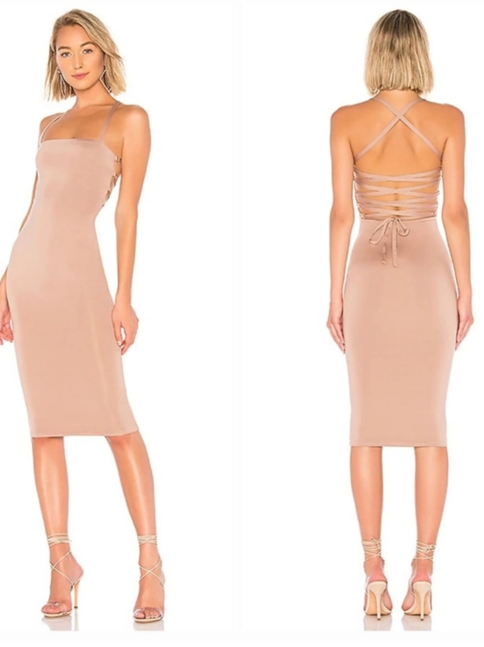 Superdown Yvonne Lace-Up Back Midi Dress Nude Bodycon Strappy Back Size S